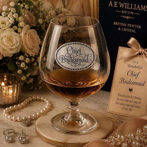 Crystal brandy snifter with pewter "Chief Bridesmaid" badge, partially filled with amber liquid