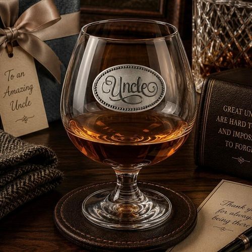 Crystal brandy glass with pewter 'Uncle' badge, partially filled with amber liquid