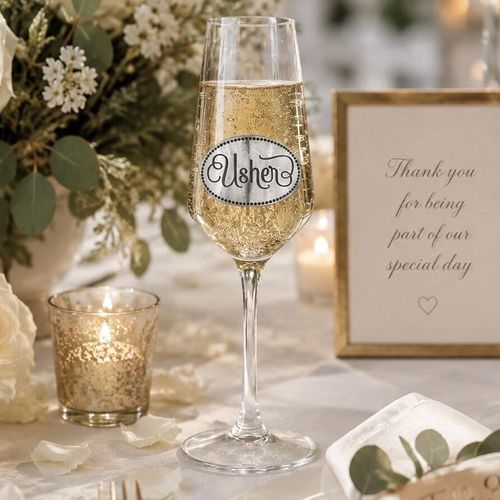 A Champagne Flute with a Pewter Usher badge on the front, filled with Champagne