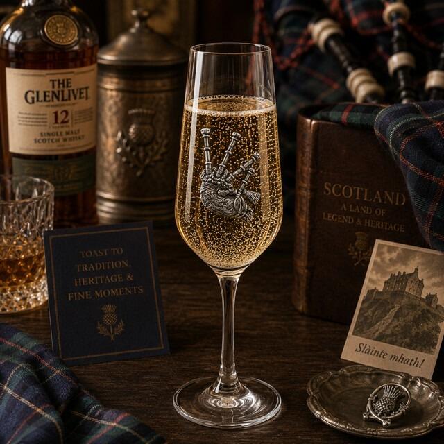 Crystal champagne flute with pewter bagpipes emblem, filled with bubbly champagne