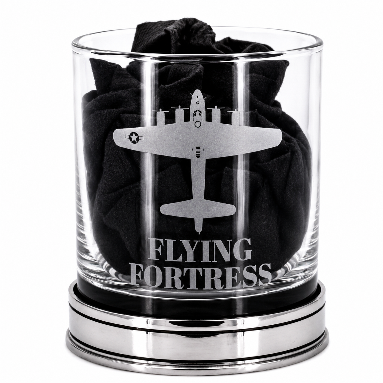 Flying Fortress Whisky Tumbler with a Polished Pewter base
