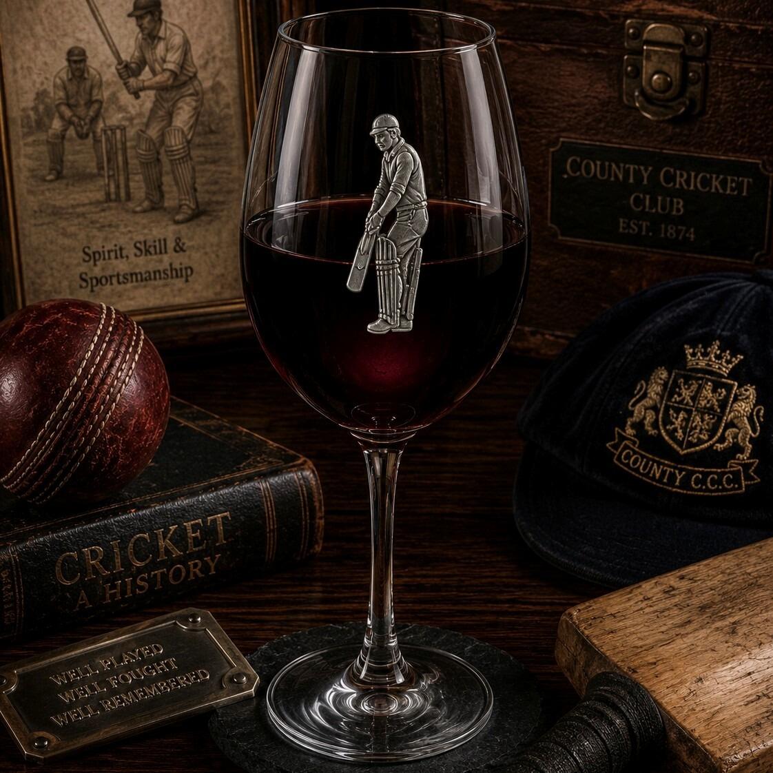 Wine glass with handcrafted pewter Cricketer badge filled with red wine