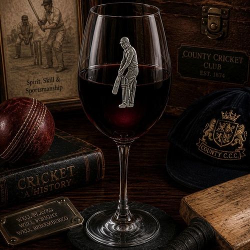 Wine glass with handcrafted pewter Cricketer badge filled with red wine