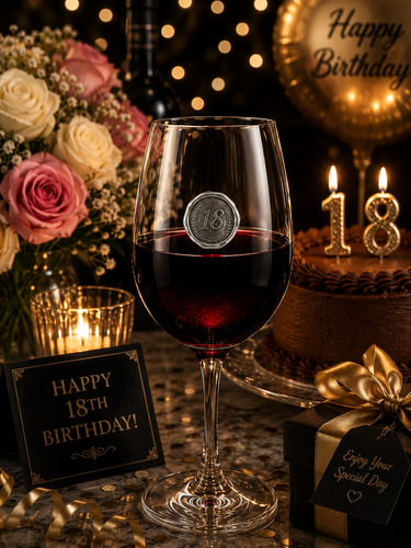 Wine glass filled with red wine, featuring a circular pewter medallion engraved with the number '18', set against an 18th birthday celebration backdrop with a chocolate cake, candles, and roses