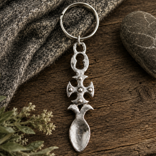 Handcrafted pewter Welsh lovespoon keyring featuring a keyhole cut-out, a studded Celtic cross, and a spoon bowl, resting on a rustic wooden background next to grey knit fabric and a smooth stone.