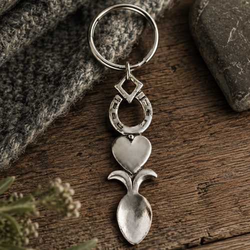 Handcrafted pewter Welsh lovespoon keyring featuring a lucky horseshoe and a smooth heart motif above a spoon bowl, resting on a rustic wooden background next to grey knit fabric and a smooth stone.