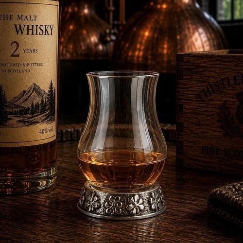 A whisky tasting glass with a pewter base, on the pewter base is a shamrock design. it sits on a table