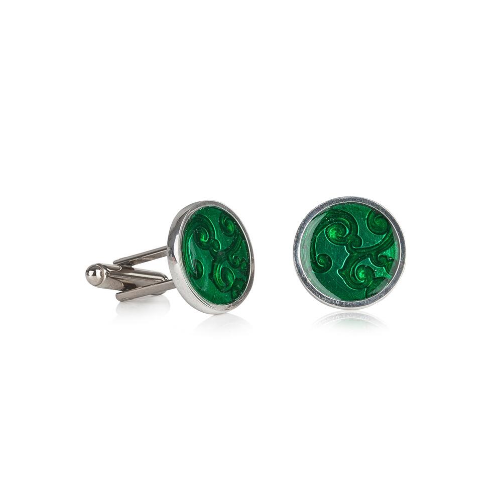 Pair of handmade pewter cufflinks with elegant green enamelled scroll pattern design