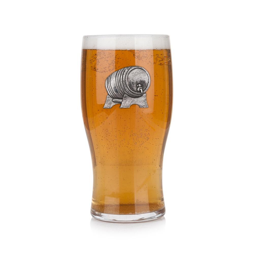 Pint glass with handmade pewter beer barrel with detailed wooden staves and metal hoops badge filled with golden beerRetryClaude can make mistakes. Please double-check responses.