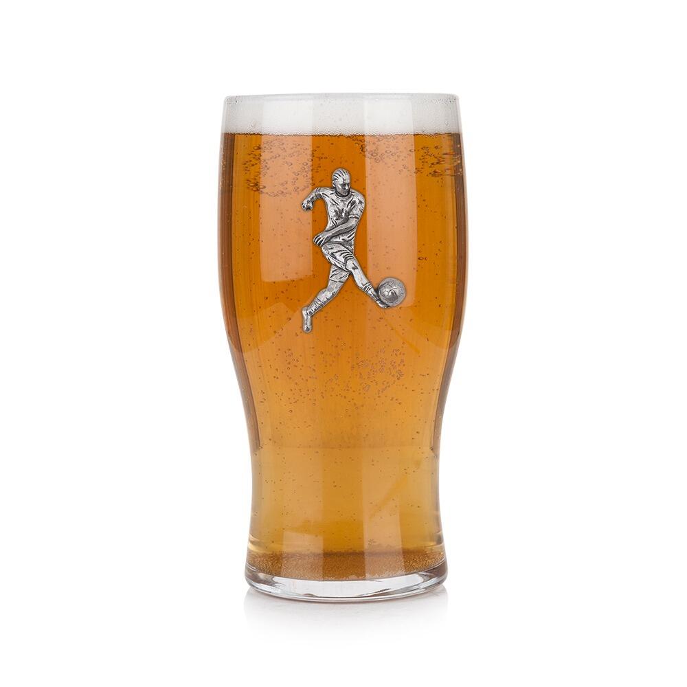 Pint glass with handmade pewter football player badge, filled with golden beer
