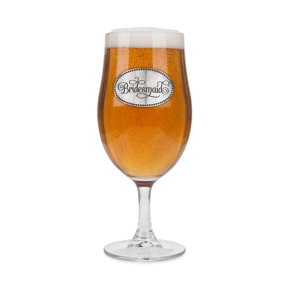 A Stemmed Pint Beer Glass with a Pewter Bridesmaid badge on the front, filled with Beer