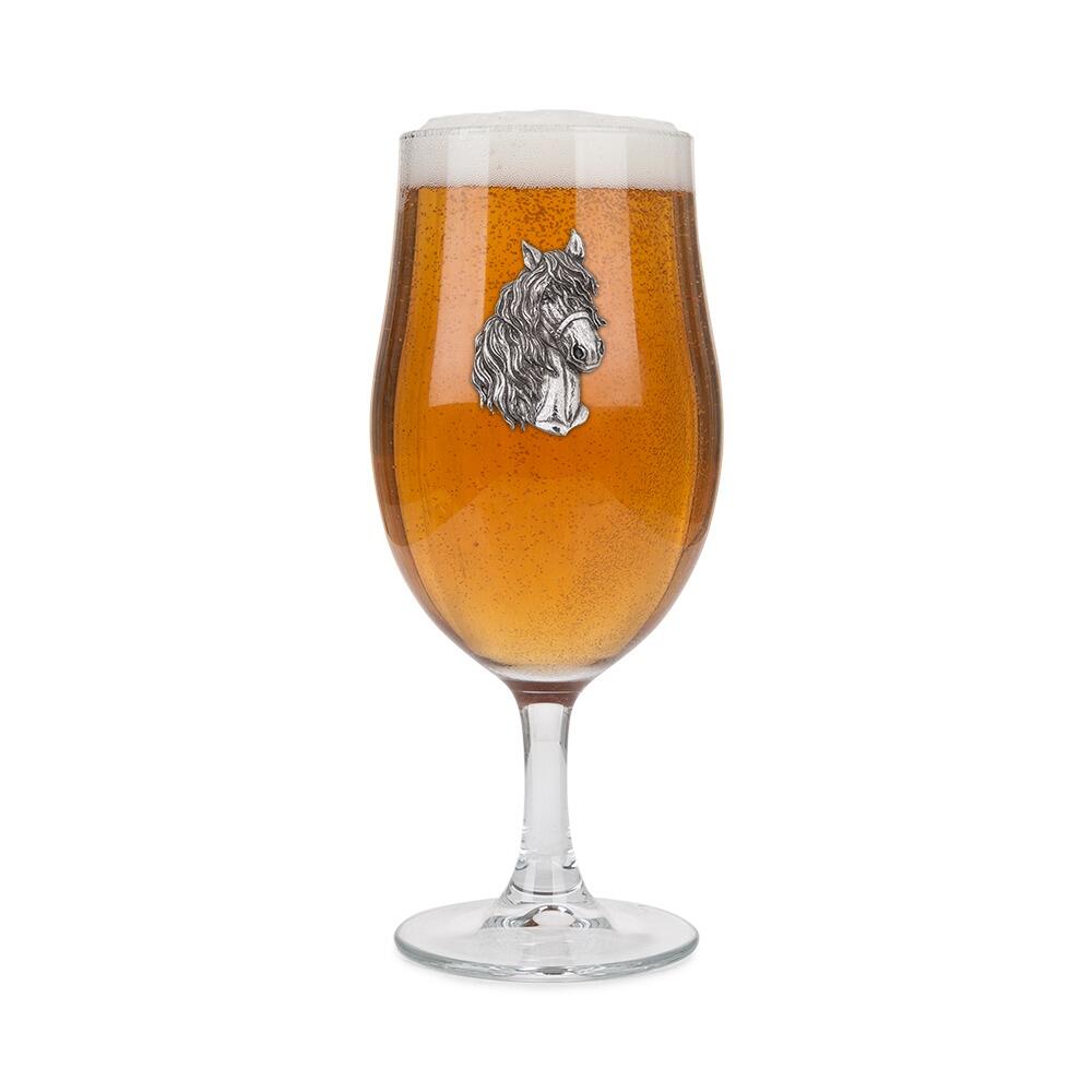 A Stemmed Pint Beer Glass with a Pewter Horse badge on the front, filled with BeerRetryClaude can make mistakes. Please double-check responses.