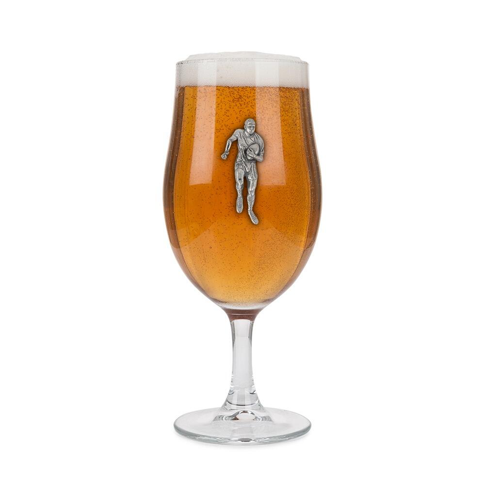A Stemmed Pint Beer Glass with a Pewter Rugby badge on the front, filled with Beer