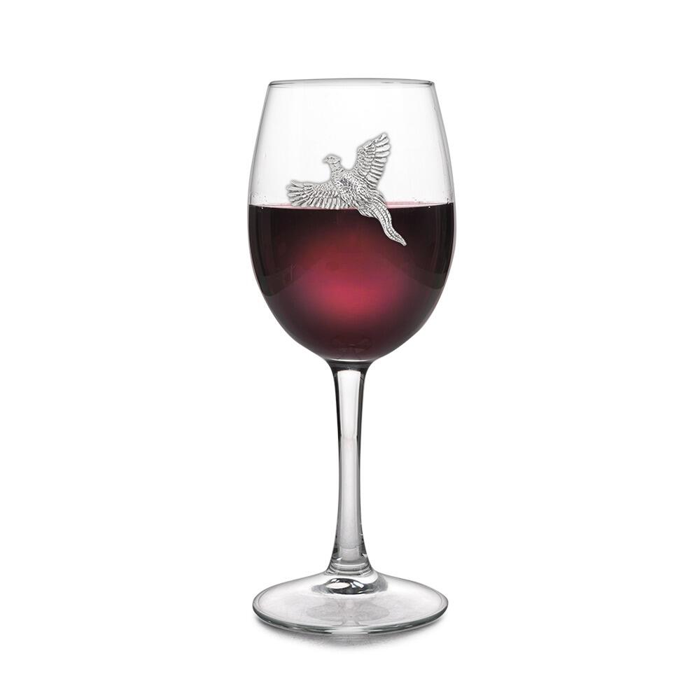 Wine glass with handmade pewter pheasant badge filled with red wine
