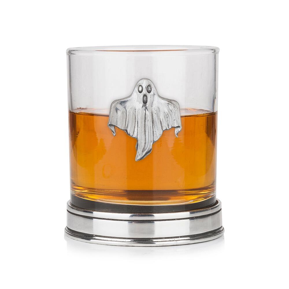 A Whisky Tumbler with a Pewter Ghost badge on the front