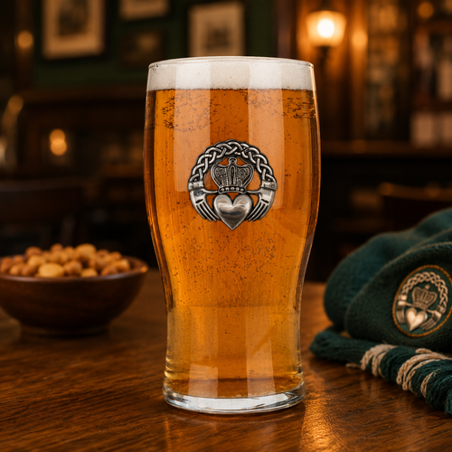 A Pint Beer glass with a Pewter Claddagh design on the front. Filled with Beer.