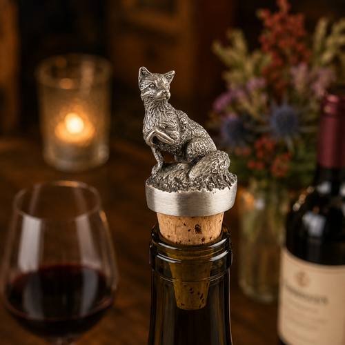 A fox bottle stopper made from Pewter in a wine glass neck