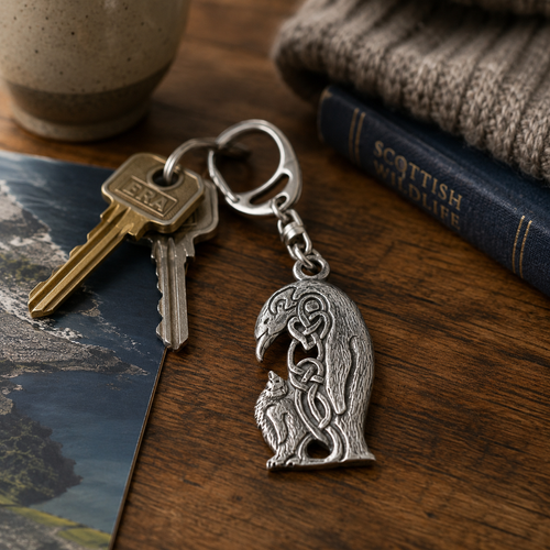 Handcrafted pewter penguin keyring with Celtic knot design resting beside house keys on a rustic wooden table