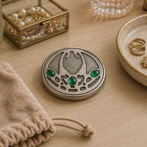 Round pewter compact purse mirror featuring an intricate Archibald Knox Art Nouveau style cutout design with three smooth green cabochon gems