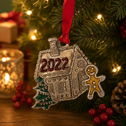 Handcrafted pewter 2022 Christmas ornament featuring a gingerbread house, gingerbread man and Christmas tree with colourful enamel details, hanging on a festive Christmas tree with warm holiday lights.