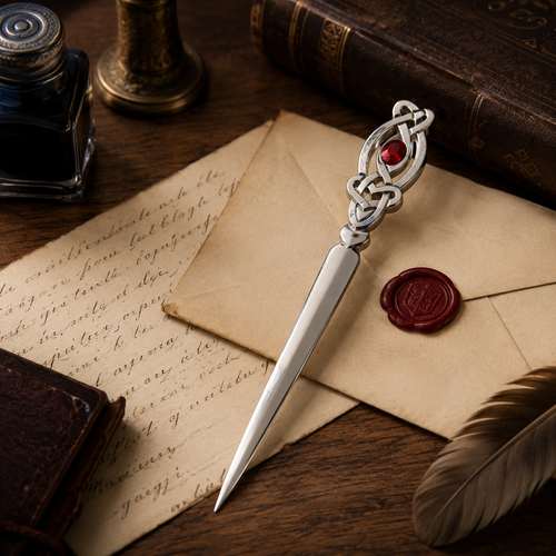 Handcrafted pewter Celtic knot letter opener featuring intricate Celtic weave detailing and a red cabochon gemstone centre, luxury desk accessory displayed with vintage correspondence, wax seals and antique stationery, ideal gift for Celtic art and heritage lovers.