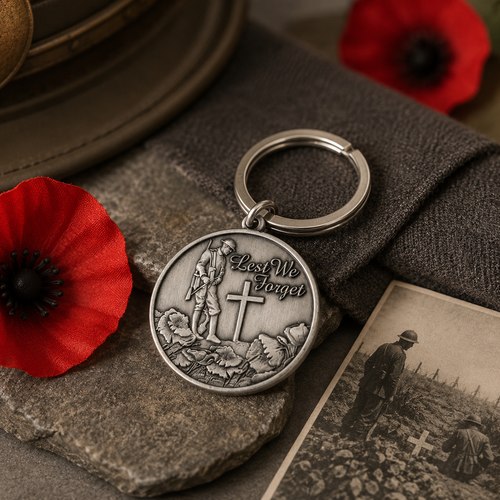 Handcrafted pewter Lest We Forget remembrance keyring with soldier and cross design, commemorative military gift, Remembrance Day keepsake, memorial gift honouring fallen servicemen and veterans