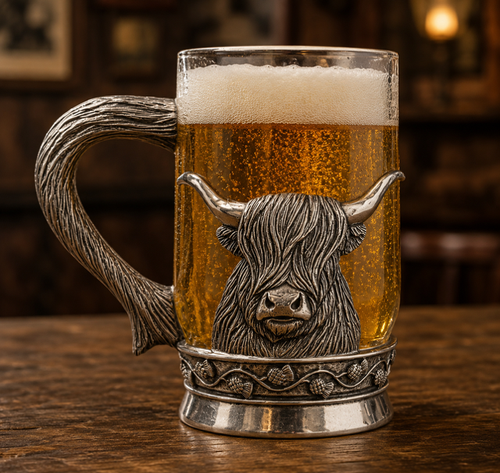 A clear glass beer tankard filled with golden, bubbling lager and a thick white foam head, resting on a rustic wooden table. The mug is fitted with a detailed pewter wrap and handle; the textured handle mimics a shaggy, fibrous pattern, while the front features a large, high-relief sculpted head of a Highland cow with long, polished horns curving outward. The lower circular base band is intricately decorated with a continuous vine of Scottish thistles