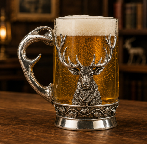 A clear glass beer mug filled with golden, carbonated beer and a frothy white head, resting on a rustic wooden table. The glass is adorned with an intricate pewter wrap and handle; the handle is sculpted in the shape of a polished, multi-pointed stag antler, while the front features a highly detailed, high-relief head of a Highland stag with large, majestic antlers wrapping around the sides of the glass. The lower band of the base is decorated with a continuous, winding relief pattern of Scottish thistles
