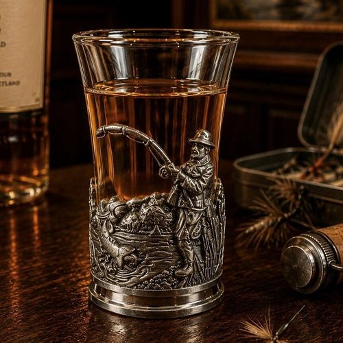 A tall glass shot glass filled with amber-colored liquor, sitting on a dark wooden bar counter. The lower half of the glass is encased in a detailed pewter metal holder featuring a highly detailed, relief-sculpted outdoor scene. The emblem depicts a fisherman in a hat standing by the water's edge, holding a bending fishing rod as he reels in a fish breaching the water on the left