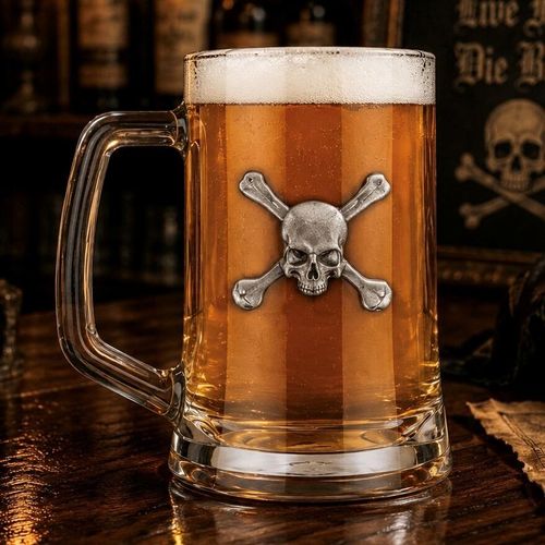 A Beer Tankard with a Pewter Skull badge on the front, filled with Amber Beer