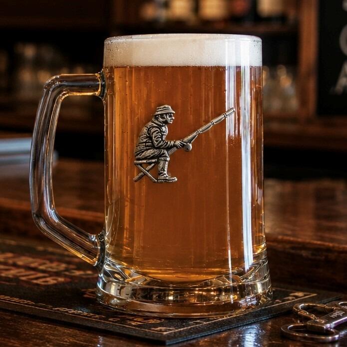 A Beer Tankard with a Pewter Fishing badge on the front, filled with Amber Beer