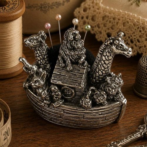 Vintage-style detailed pewter Noah's Ark pincushion figurine featuring embossed animals with four pearl-head pins stuck in the black fabric cushion