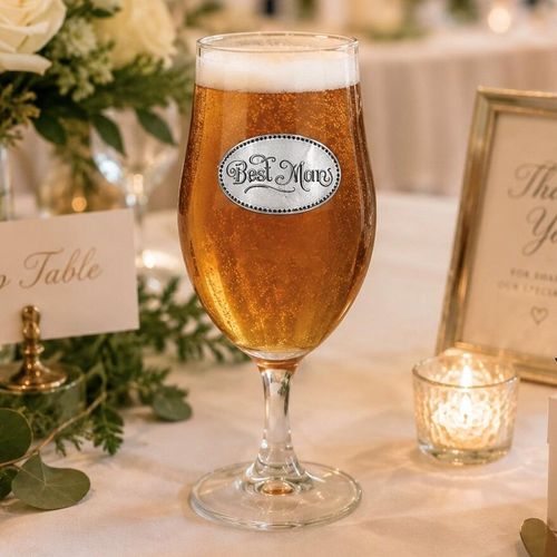 A Stemmed Pint Beer Glass with a Pewter Best Man badge on the front, filled with Beer