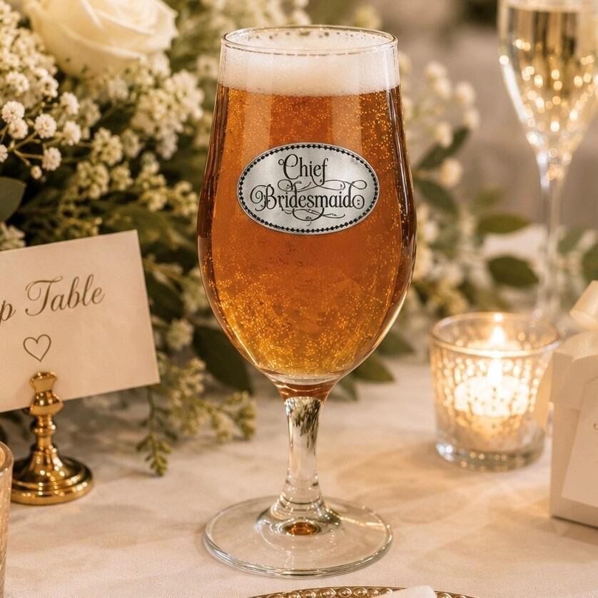 A Stemmed Pint Beer Glass with a Pewter Chief Bridesmaid badge on the front, filled with Beer