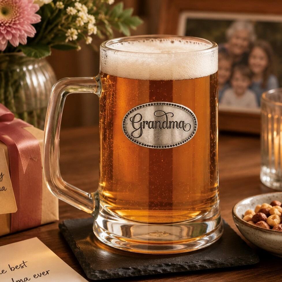 A Beer Tankard with a Pewter Grandma badge on the front, filled with Amber Beer