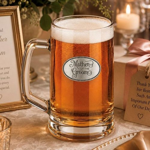A Beer Tankard with a Pewter Mother Groom badge on the front, filled with Amber Beer
