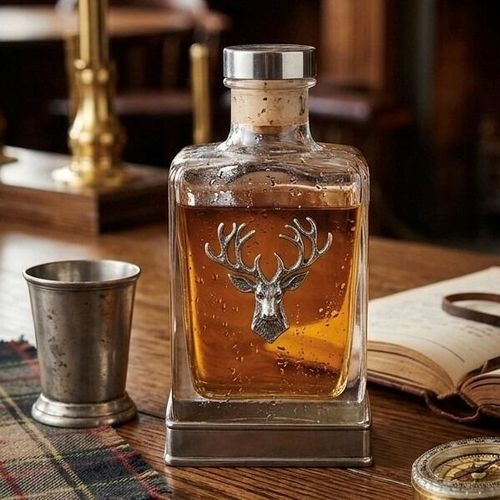 A glass flask with a Pewter base and Pewter stags head on the front