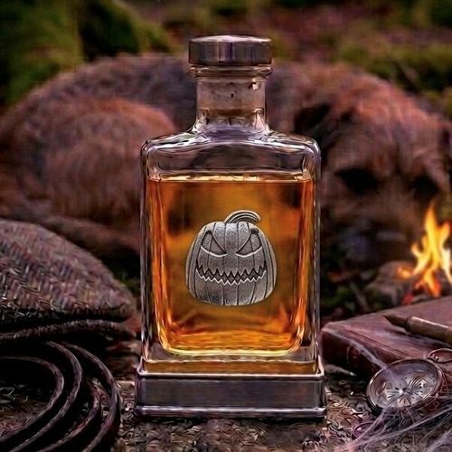 A glass flask with a pewter base and a handcrafted pewter pumpkin emblem on the front