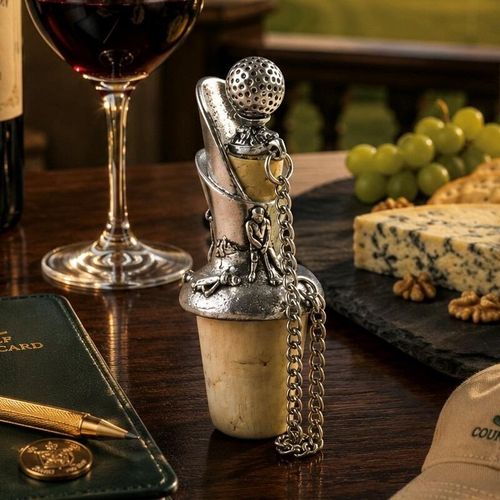 Pewter wine pourer and cork stopper featuring a golf ball top and an engraved golfer motif, displayed on a wooden table beside a glass of red wine, cheese, and green grapes
