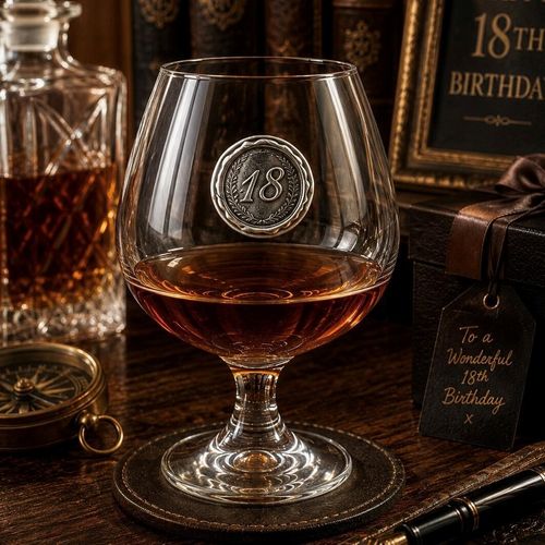 Brandy Glass with a Pewter 18 Monogram badge on the front