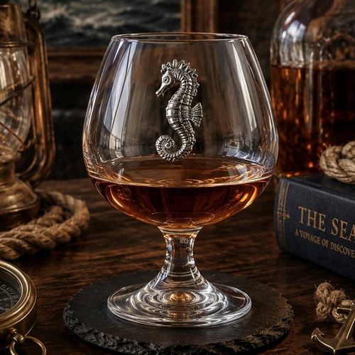 Crystal brandy glass with pewter seahorse emblem, partially filled with amber liquid