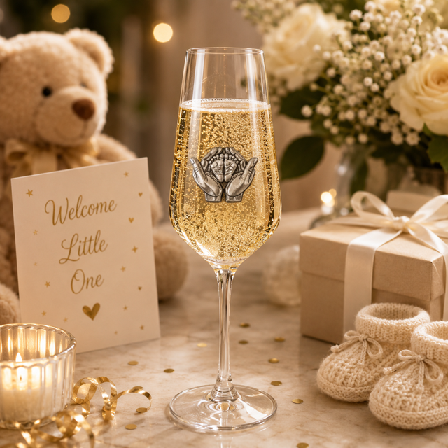 A Champagne Flute with a Pewter Baby Feet badge on the front, filled with Champagne