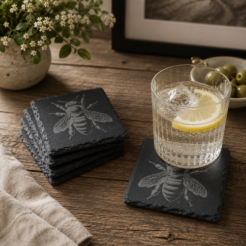 Slate coasters with engraved bee design, set of 4 slate coasters featuring detailed bee illustration, rustic slate coasters with bee engraving, decorative bee-themed slate coasters, high-quality engraved slate coasters.