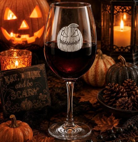 Wine glass with handmade pewter pumpkin badge filled with red wine