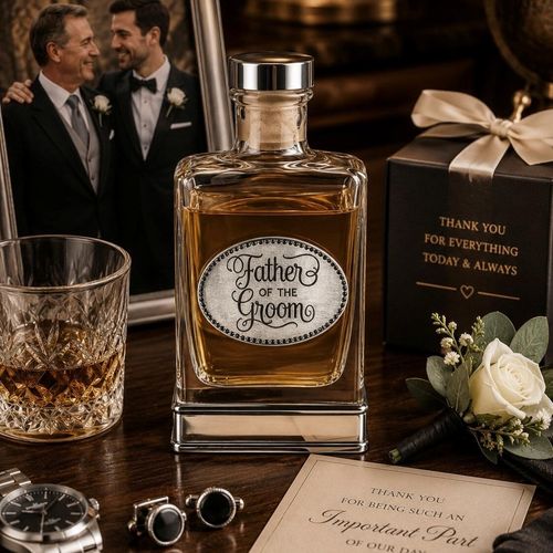 Handcrafted glass hip flask with pewter base featuring detailed father of the groom emblem on front
