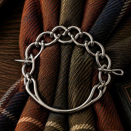Polished pewter scarf ring featuring a openwork Celtic interlace loop design, cinching a brown and green plaid tartan scarf