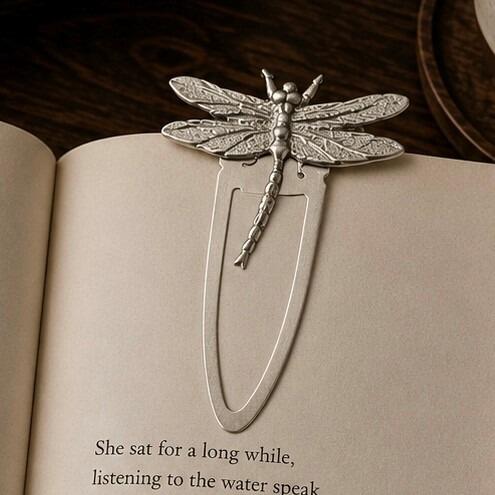 Handcrafted pewter dragonfly metal clip bookmark resting on open book page