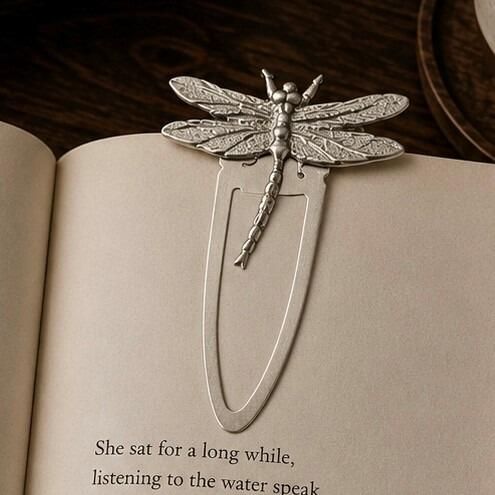 Handcrafted pewter dragonfly metal clip bookmark resting on open book page