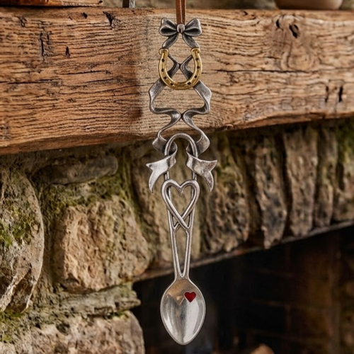 Handcrafted pewter Welsh lovespoon hanging against a rustic wooden beam and stone wall, featuring a top bow, a gold-plated horseshoe, flowing ribbon motifs, an open heart, and a red enamel heart accent inside the spoon bowl.