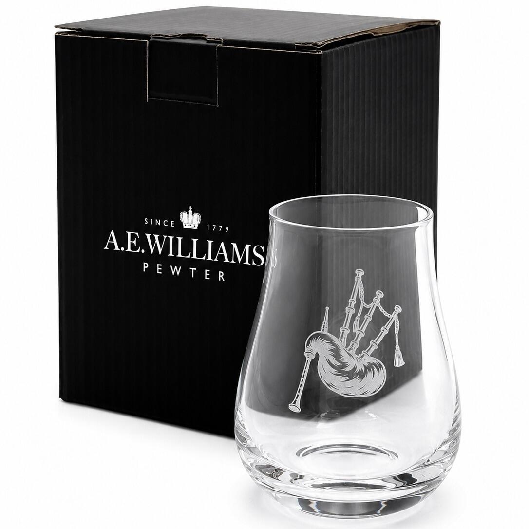 Engraved bagpipes whisky tasting glass, Scotch whiskey nosing glass for whisky enthusiasts with A E Williams box